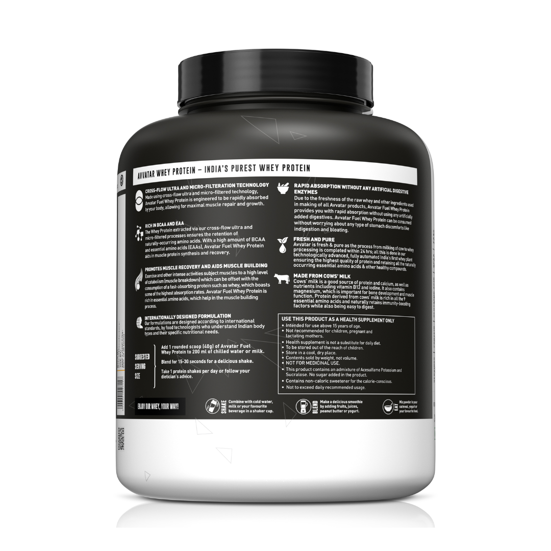 Protein powder container with a black label on a white background