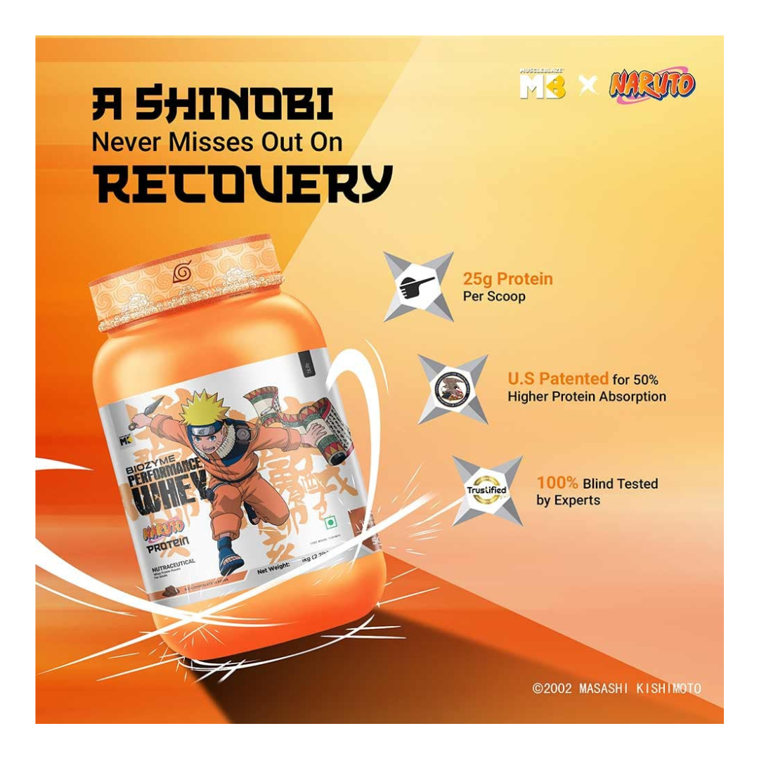 Protein powder container with Naruto branding on an orange background