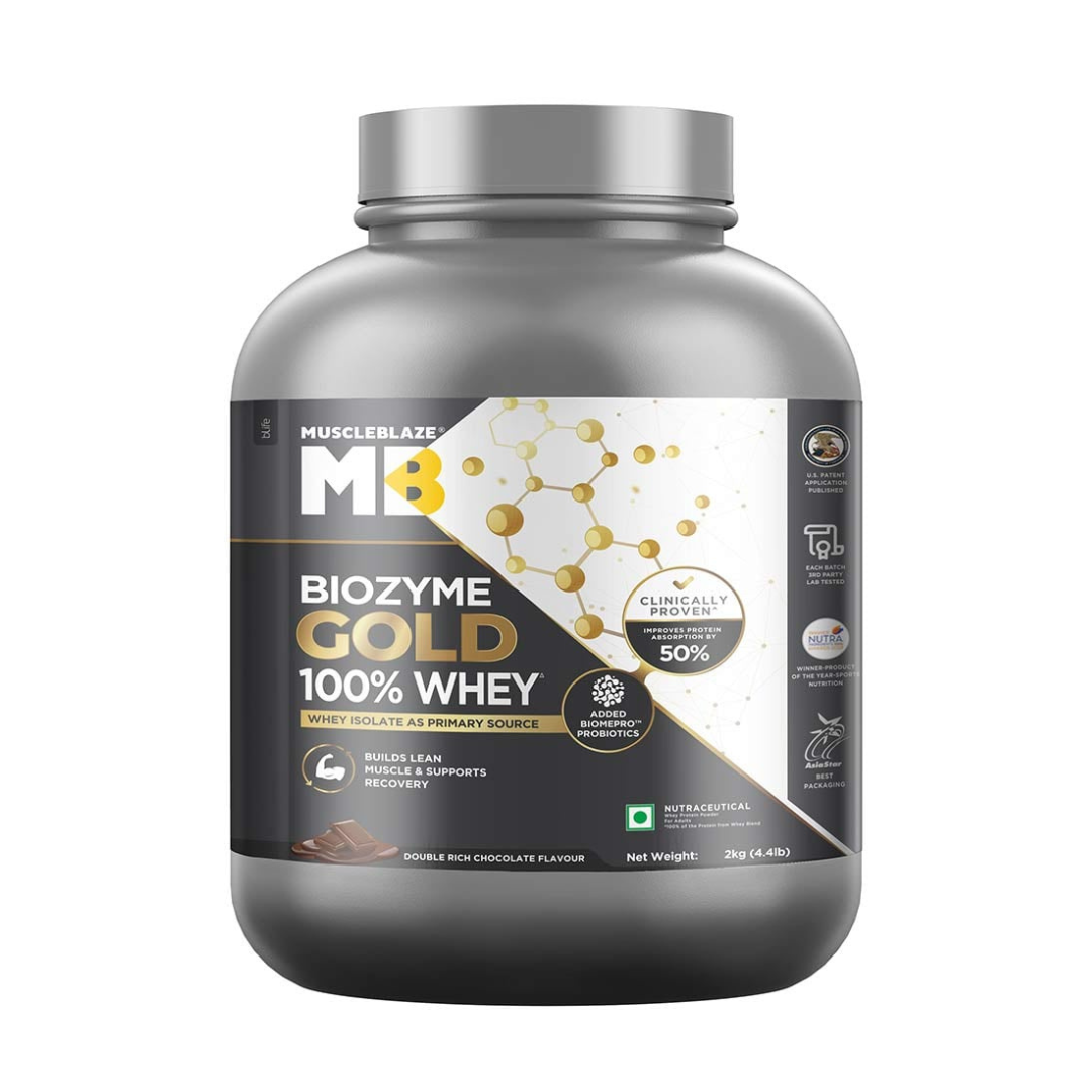 MuscleBlaze Biozyme Gold 100% Whey protein powder container on a white background