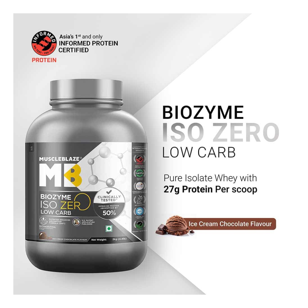 MuscleBlaze Biozyme ISO Zero protein supplement bottle on a white background