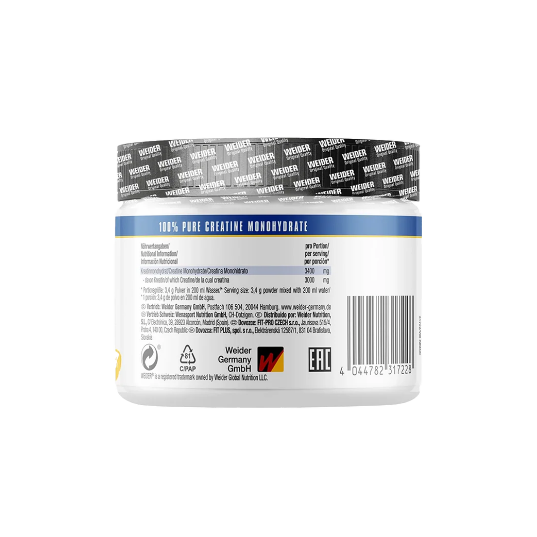 Weider creatine monohydrate powder container with label on a white background