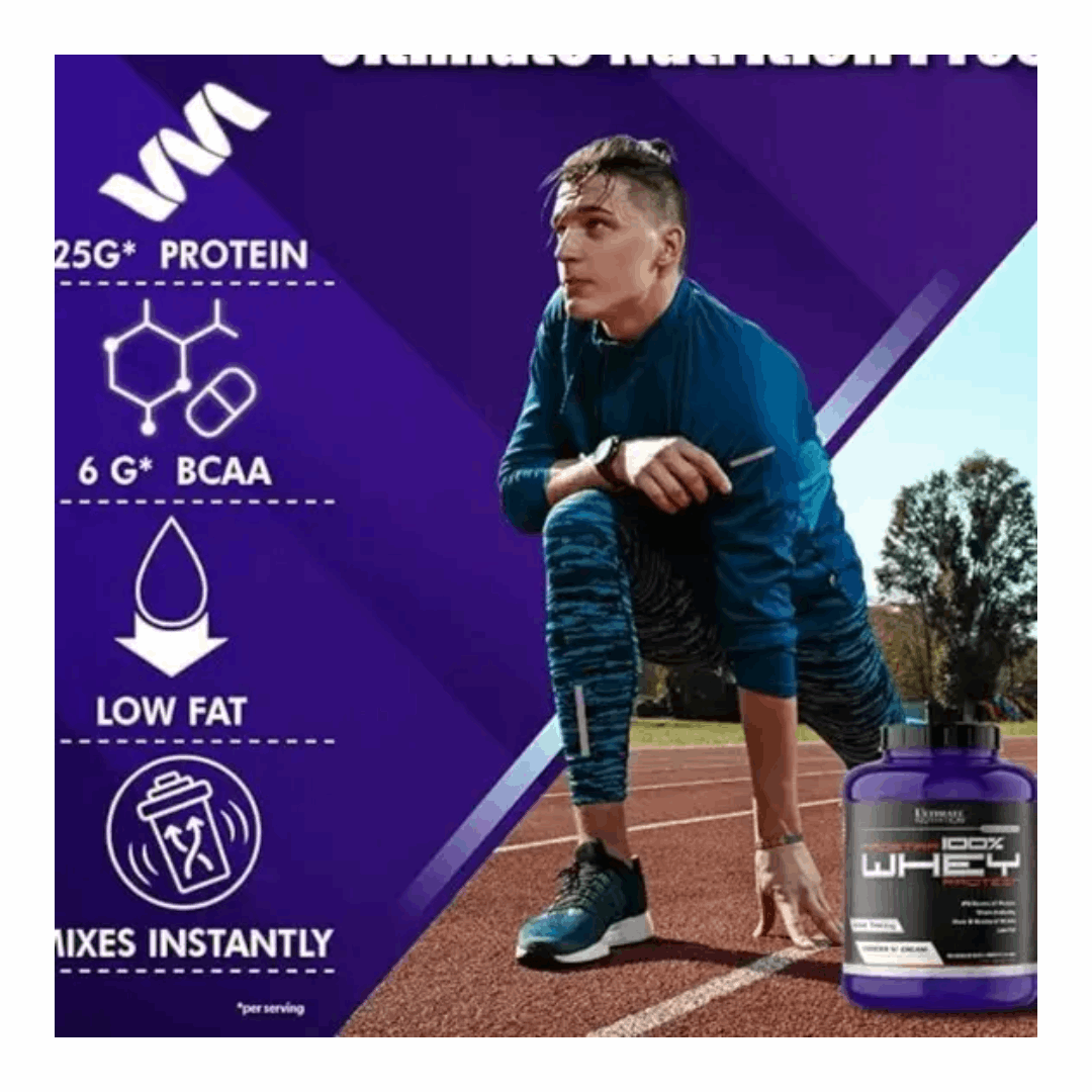 Whey protein package with a person on a track, showing protein content and features.