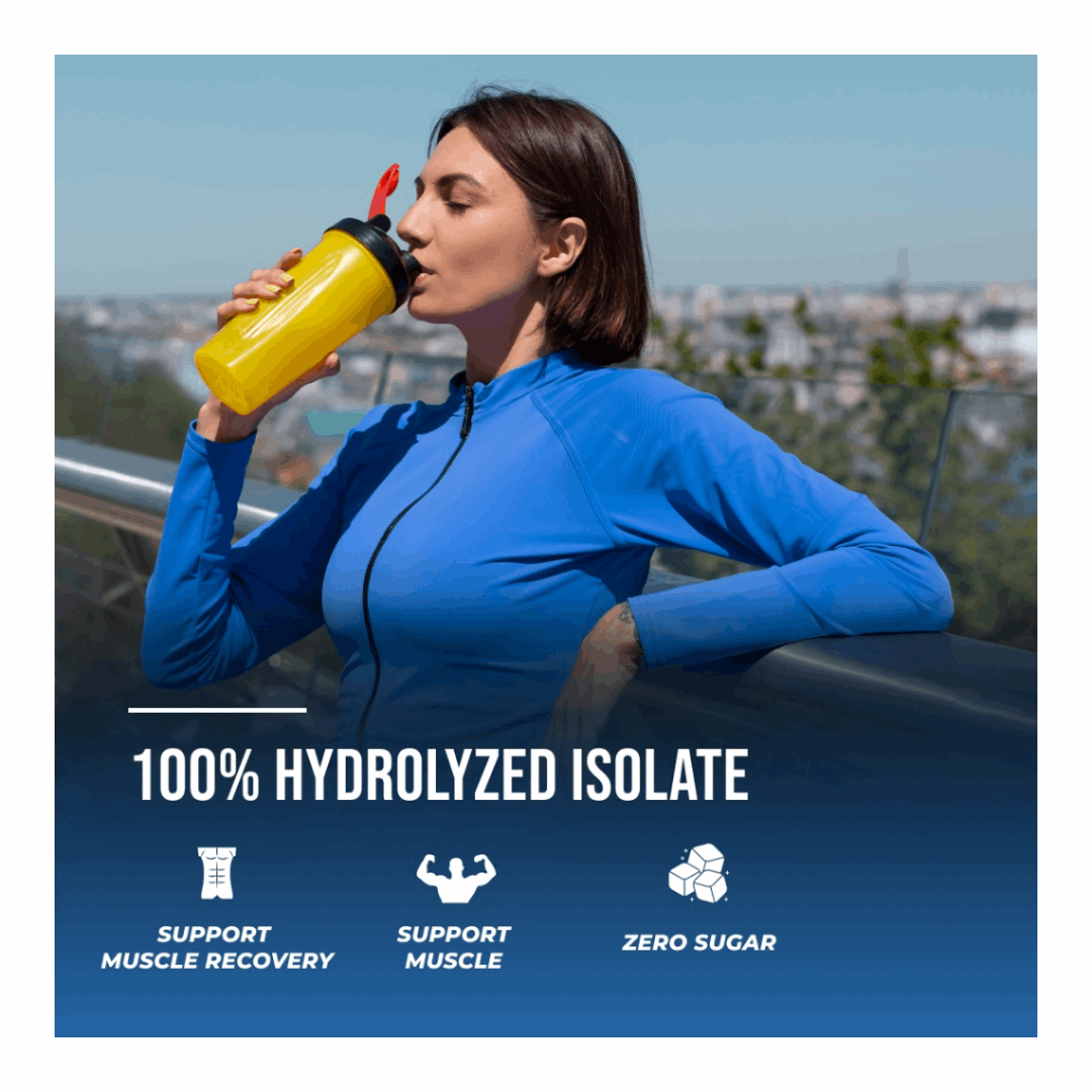 Woman in blue athletic wear drinking from a yellow water bottle with text about protein supplement benefits.
