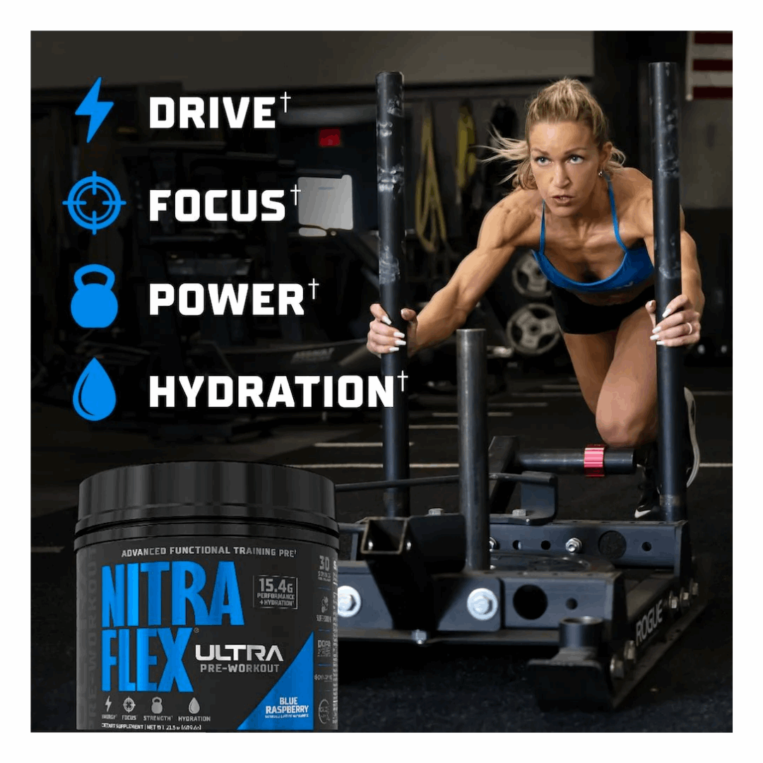 Woman lifting weights with Nitra Flex Ultra supplement container in foreground, featuring drive, focus, power, and hydration benefits.