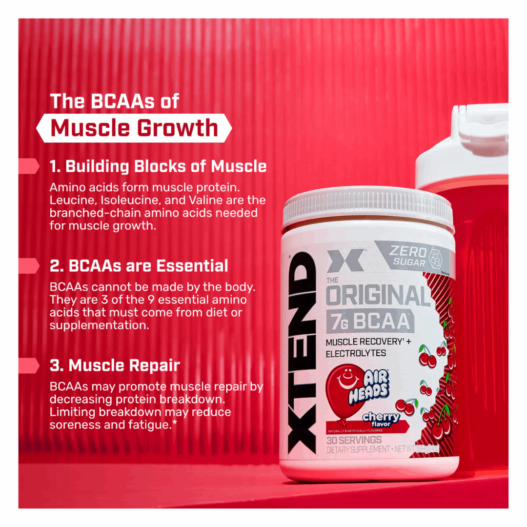 XTEND BCAA supplement container with cherry flavor on a red background