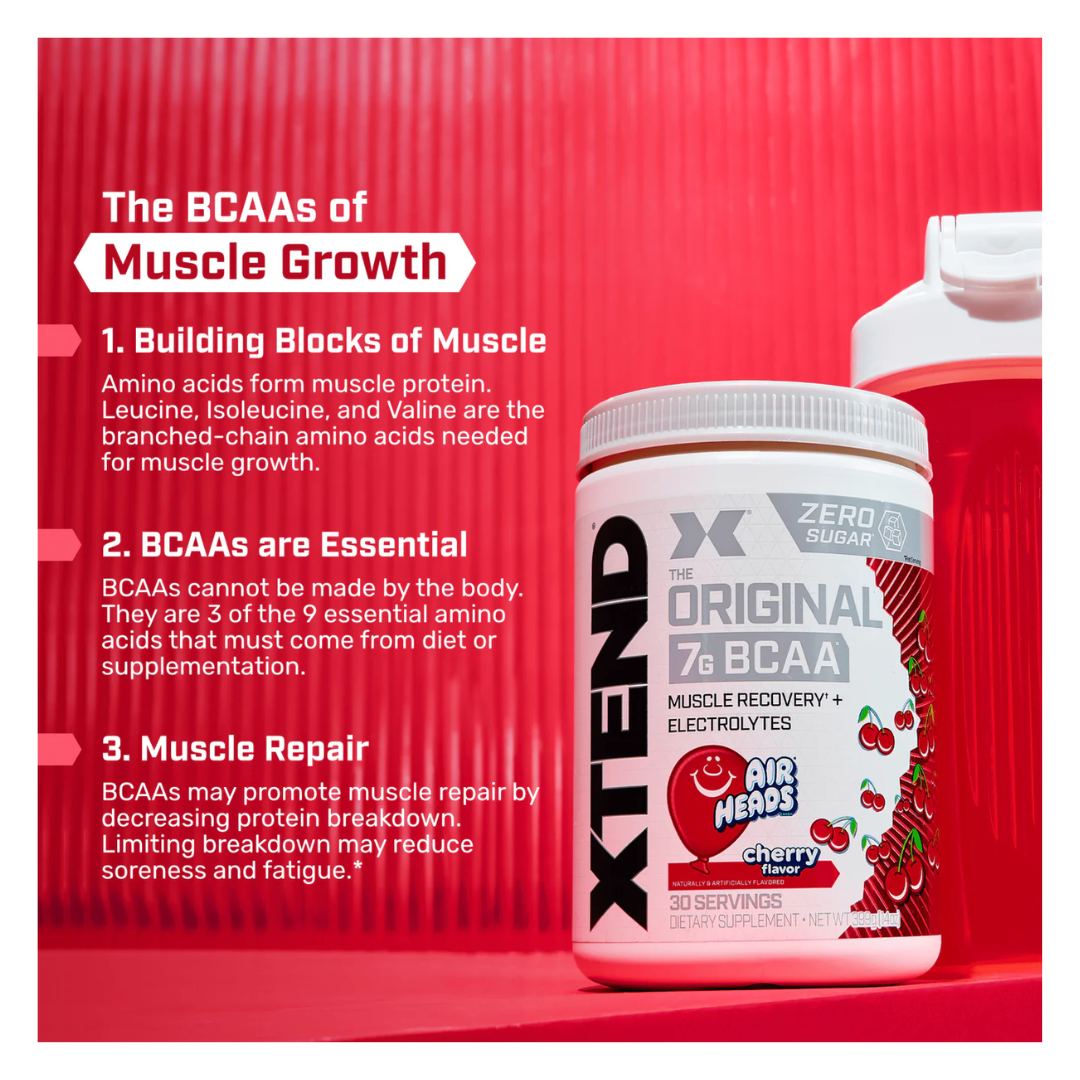 XTEND BCAA supplement container with cherry flavor on a red background