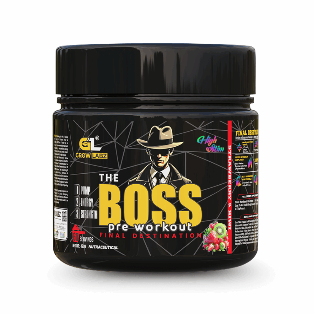 Pre-workout supplement container labeled 'The Boss' on a white background