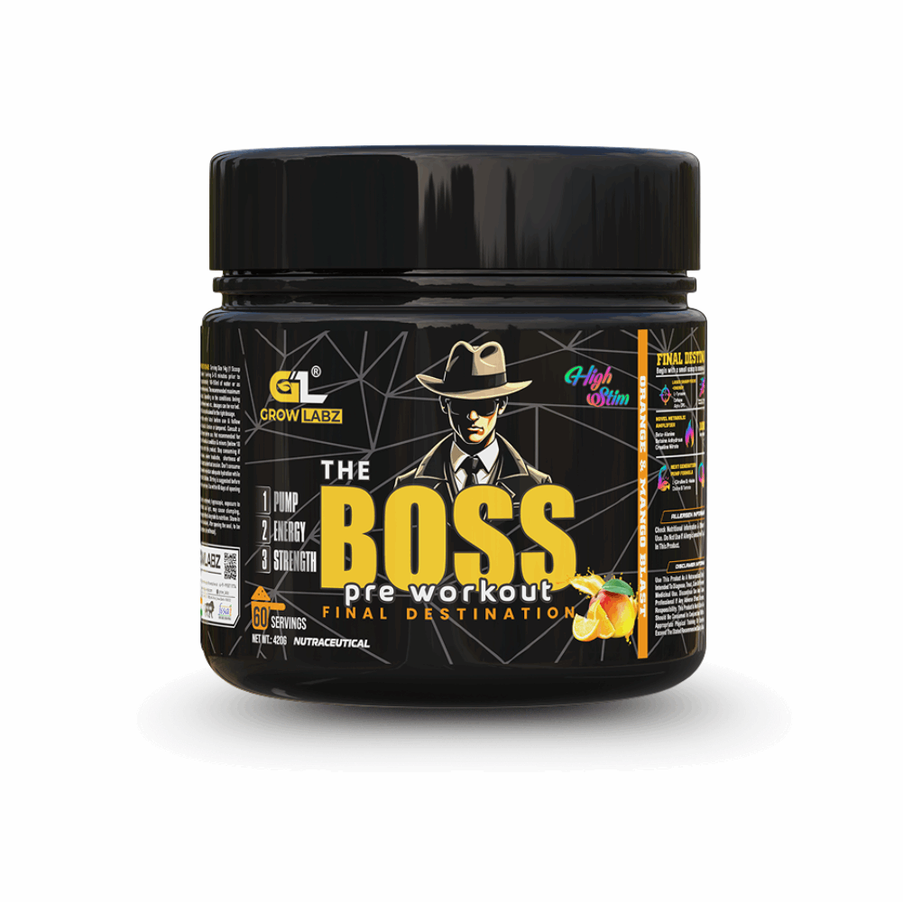 Pre-workout supplement container labeled 'The Boss' on a white background