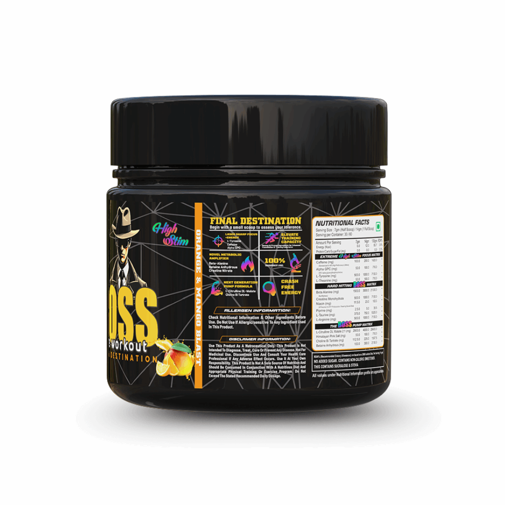 Black supplement jar with colorful labels on a white background