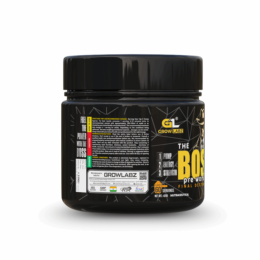 Black container of 'The Boss' pre-workout supplement by Grow Labz on a white background