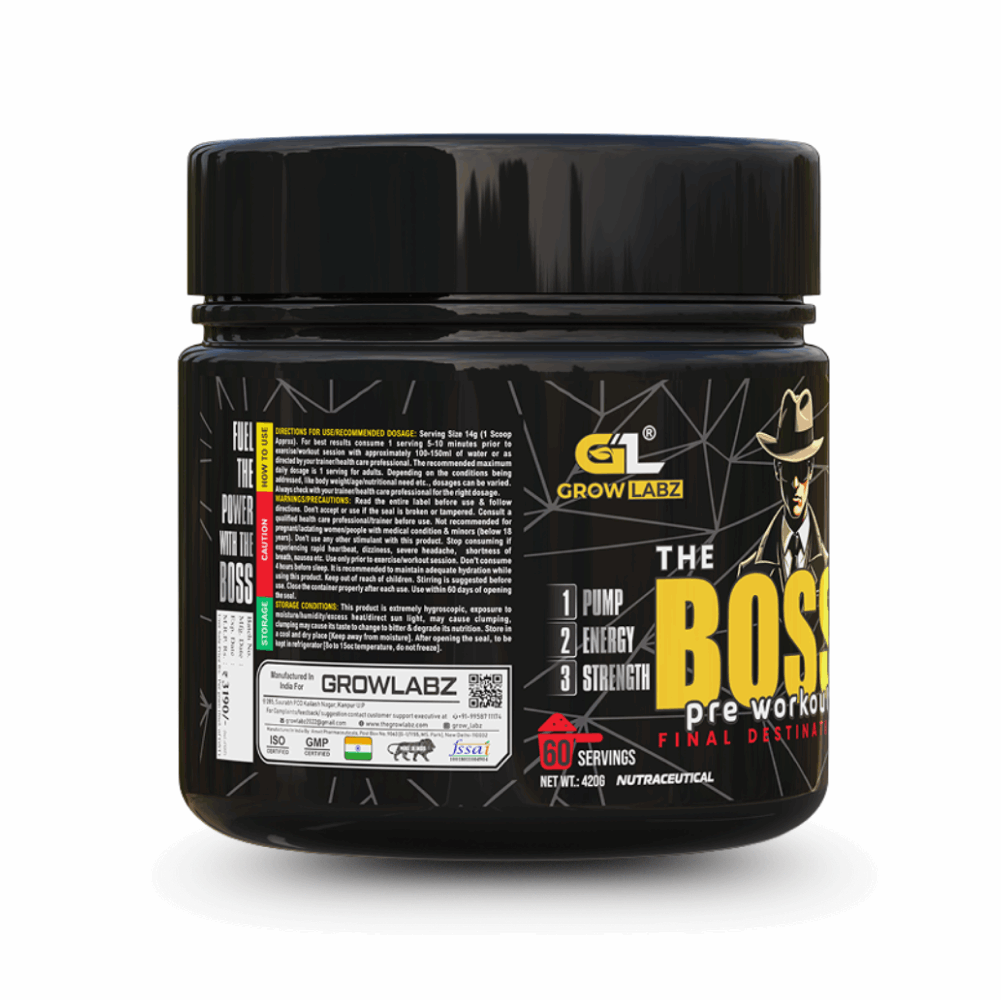 Pre-workout supplement container labeled 'The Boss' by Grow Labz on a white background